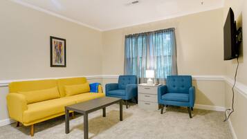 TV, fireplace, books