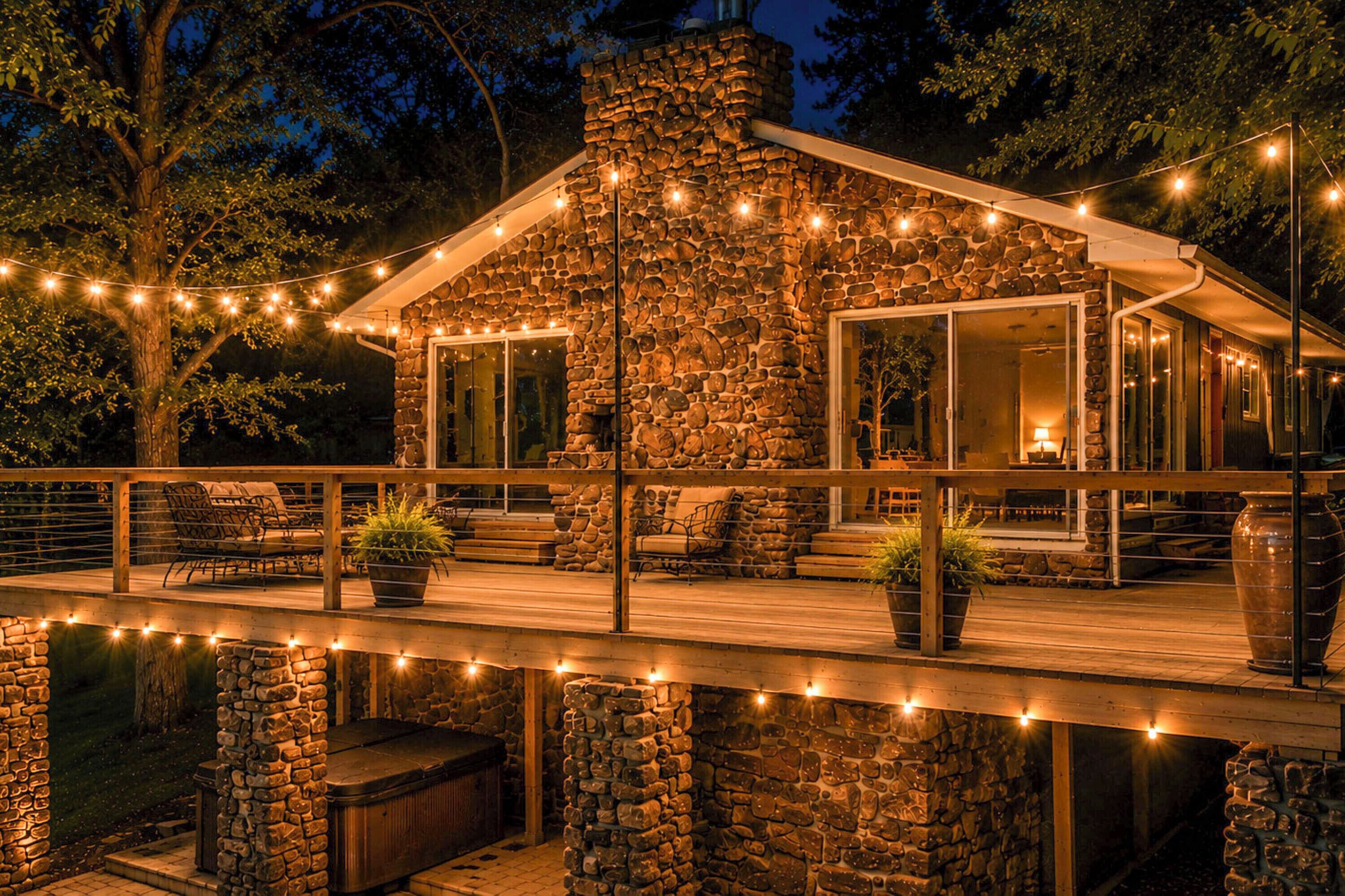 A stone building with a wooden deck, outdoor seating, and string lights.
