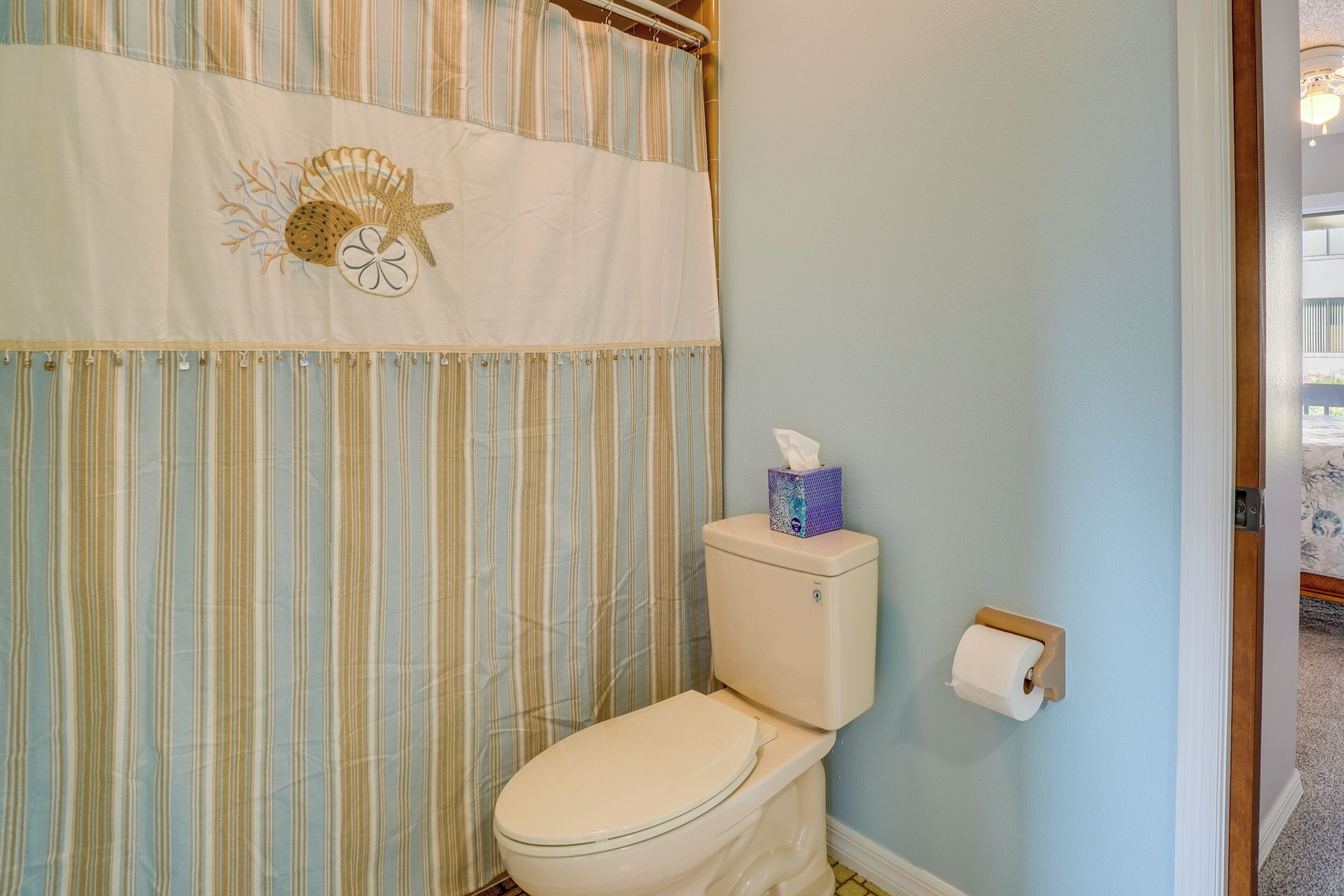 Een badkamer met een gestreepte douchegordijn, een toilet met een pak tissues, en een toiletrol aan de muur.