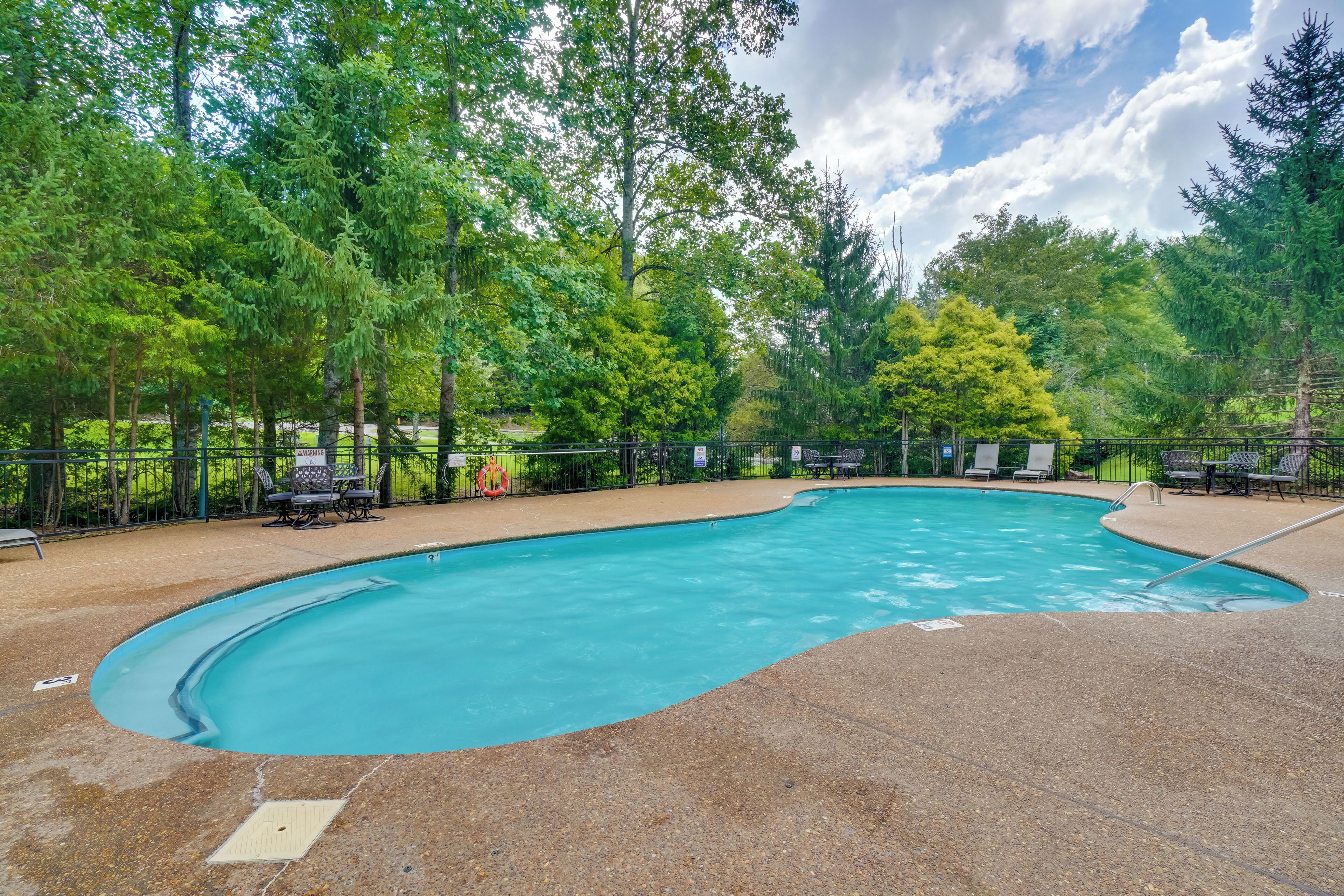 A swimming pool with a curved edge, surrounded by a fence and trees. There are lounge chairs and a lifebuoy on the fence.