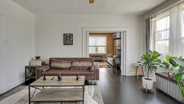 A living room with a brown sofa, a coffee table, and a ceiling fan. There is a window with curtains and a plant on a stand. - Walk to Restaurants: Cozy, Convenient Jennings Apt (Jennings)