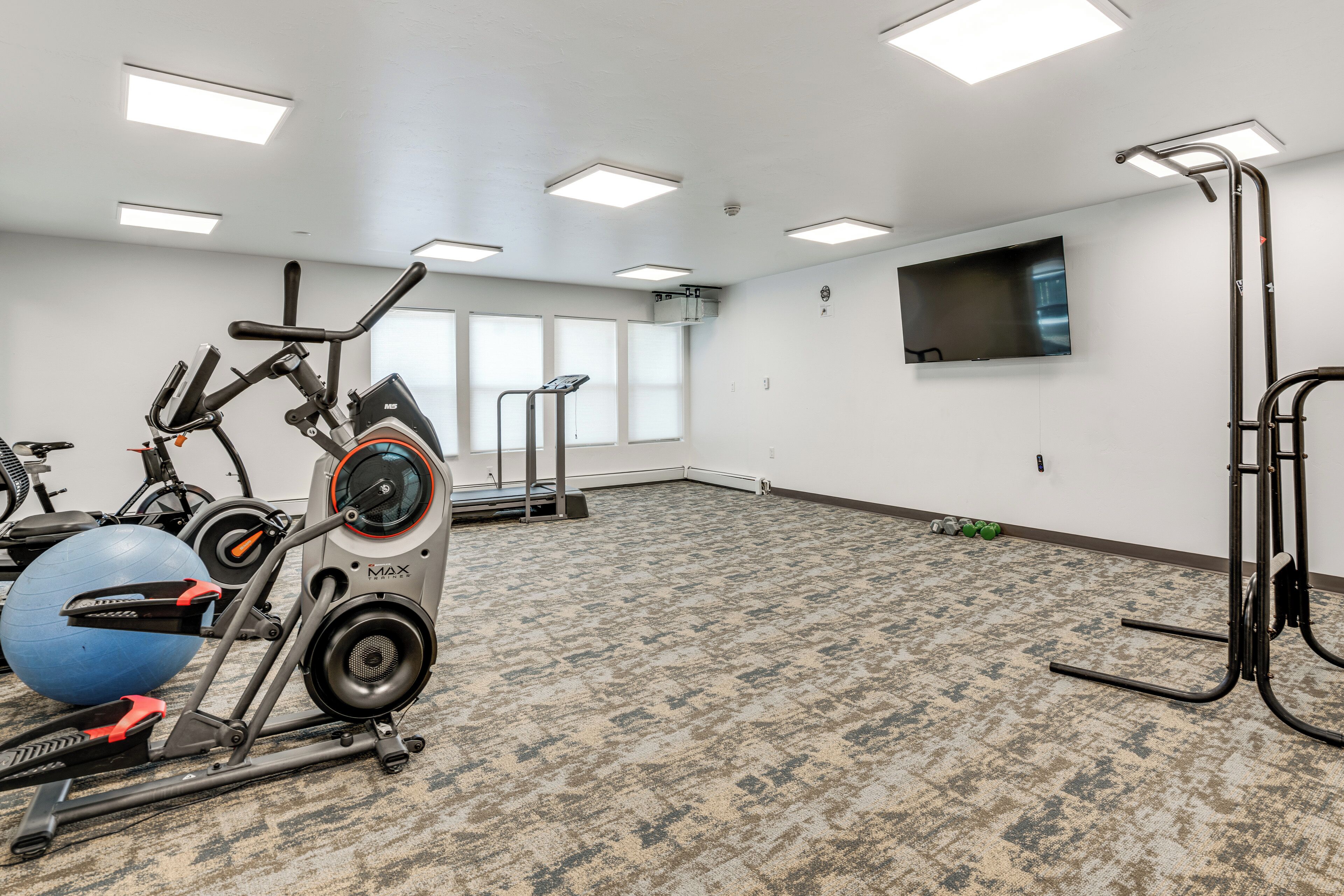 A gym with exercise equipment, a TV, and large windows.