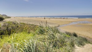 Una playa con dunas de arena y vegetación escasa.
