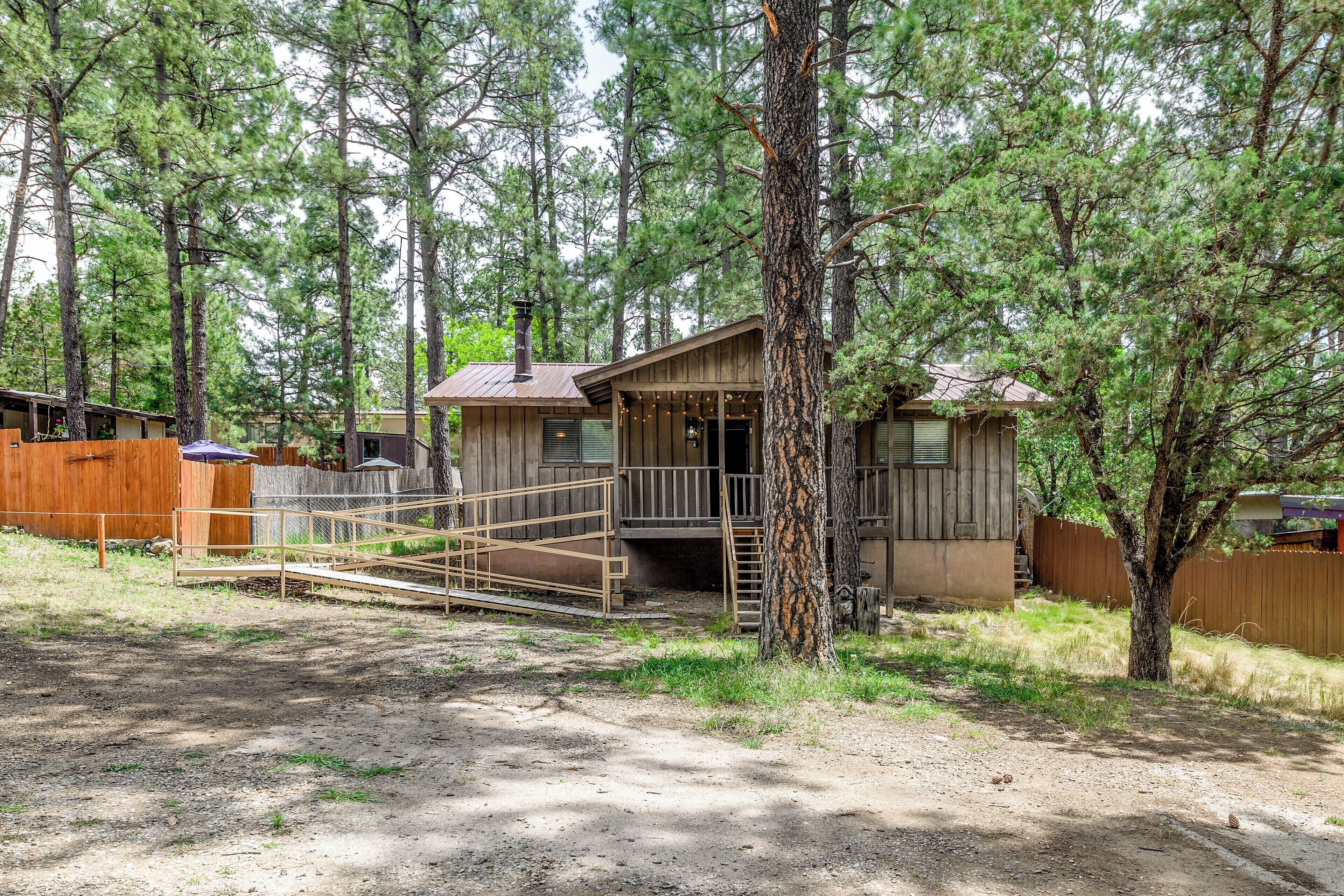 A rustic cabin with a wooden deck, surrounded by tall pine trees.