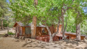 A rustic cabin with a wooden deck and a large tree in front. - Inn of the Mountain Goats Ruidoso Cabin w/ Deck! (Ruidoso)