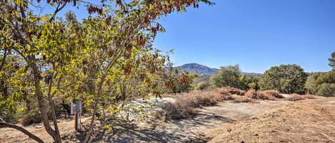 A dry, rocky landscape with sparse vegetation and a clear blue sky.