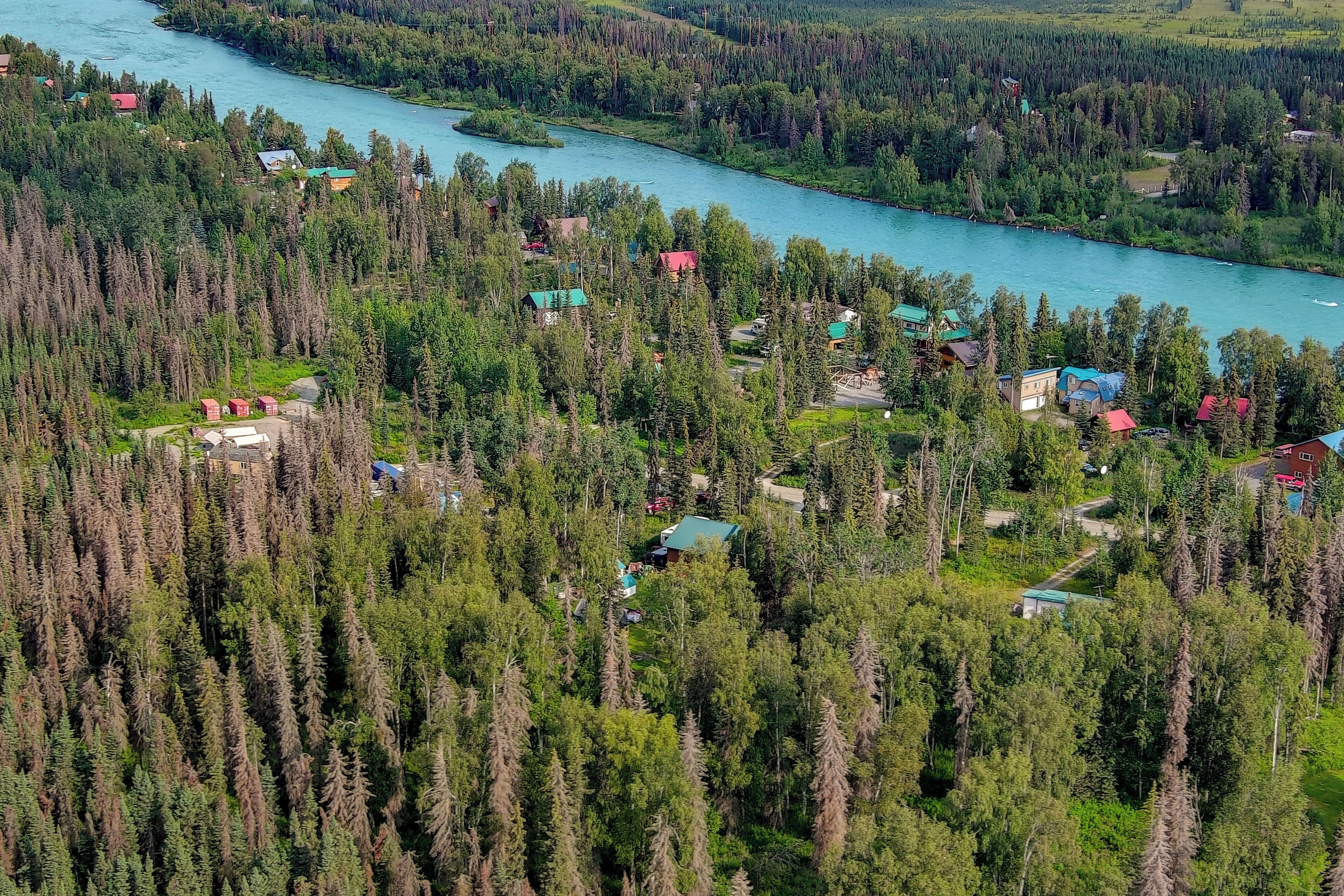 Een bebost gebied met meerdere gebouwen, waarschijnlijk een resort of lodge, nabij een rivier.