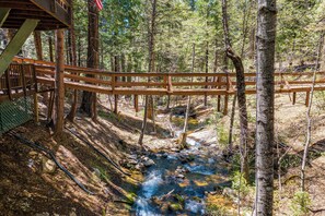 Un pont en bois enjambant un ruisseau dans une zone boisée.