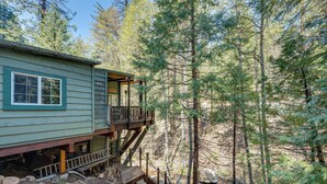 Une cabane dotée d’une terrasse, entourée de forêt.