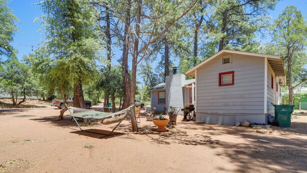 Un campamento con una hamaca, una cabaña pequeña y un contenedor verde para basura.