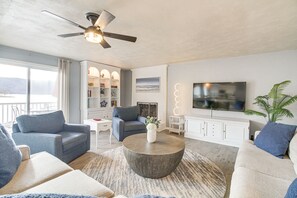 TV, fireplace, video game console, books
