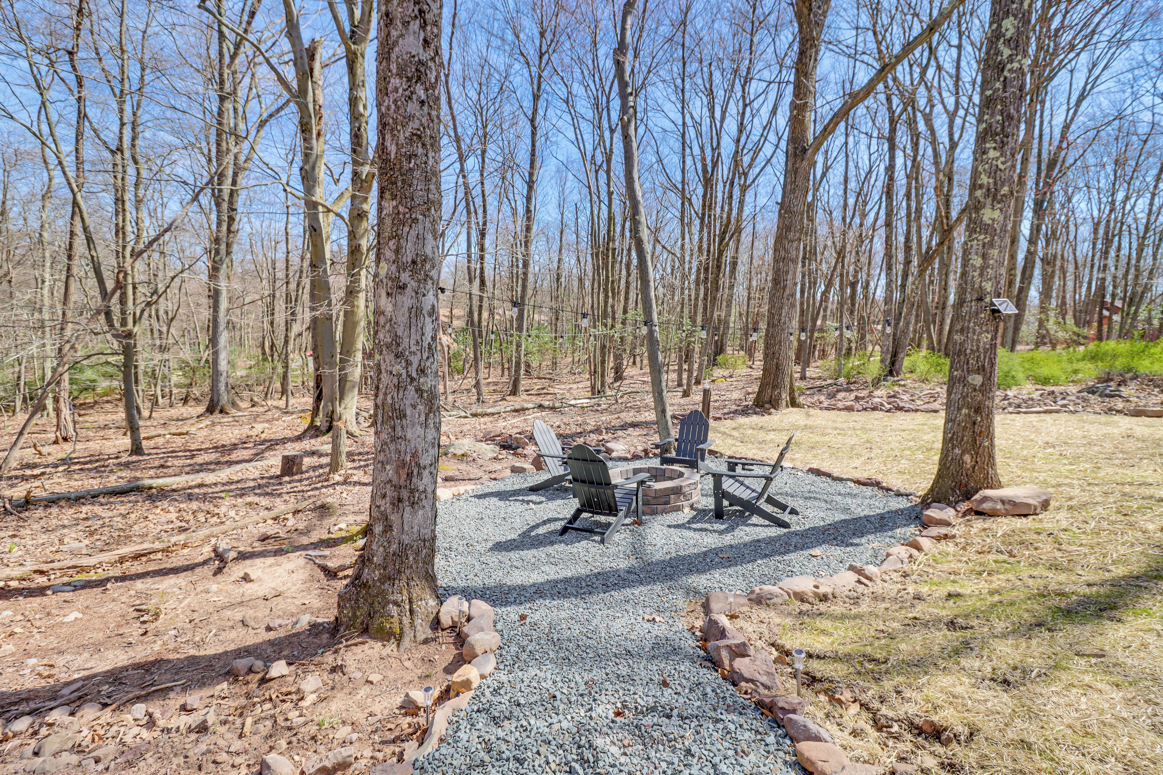 A campsite with a fire pit and chairs surrounded by trees.