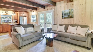A cozy living room with a grey sofa, a coffee table, and a wooden ceiling. - Peaceful Mt. Hood Cabin w/ Hot Tub & Fire Pit! (Rhododendron)