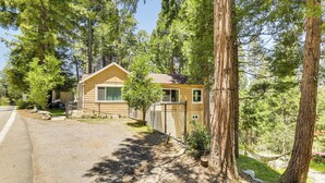 Une petite cabane en rondins, dotée d’une seule fenêtre et d’une porte, entourée de grands arbres et bordée d’une allée de gravier.