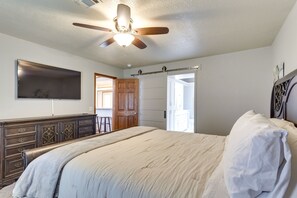 1 bedroom, laptop workspace, iron/ironing board, bed sheets