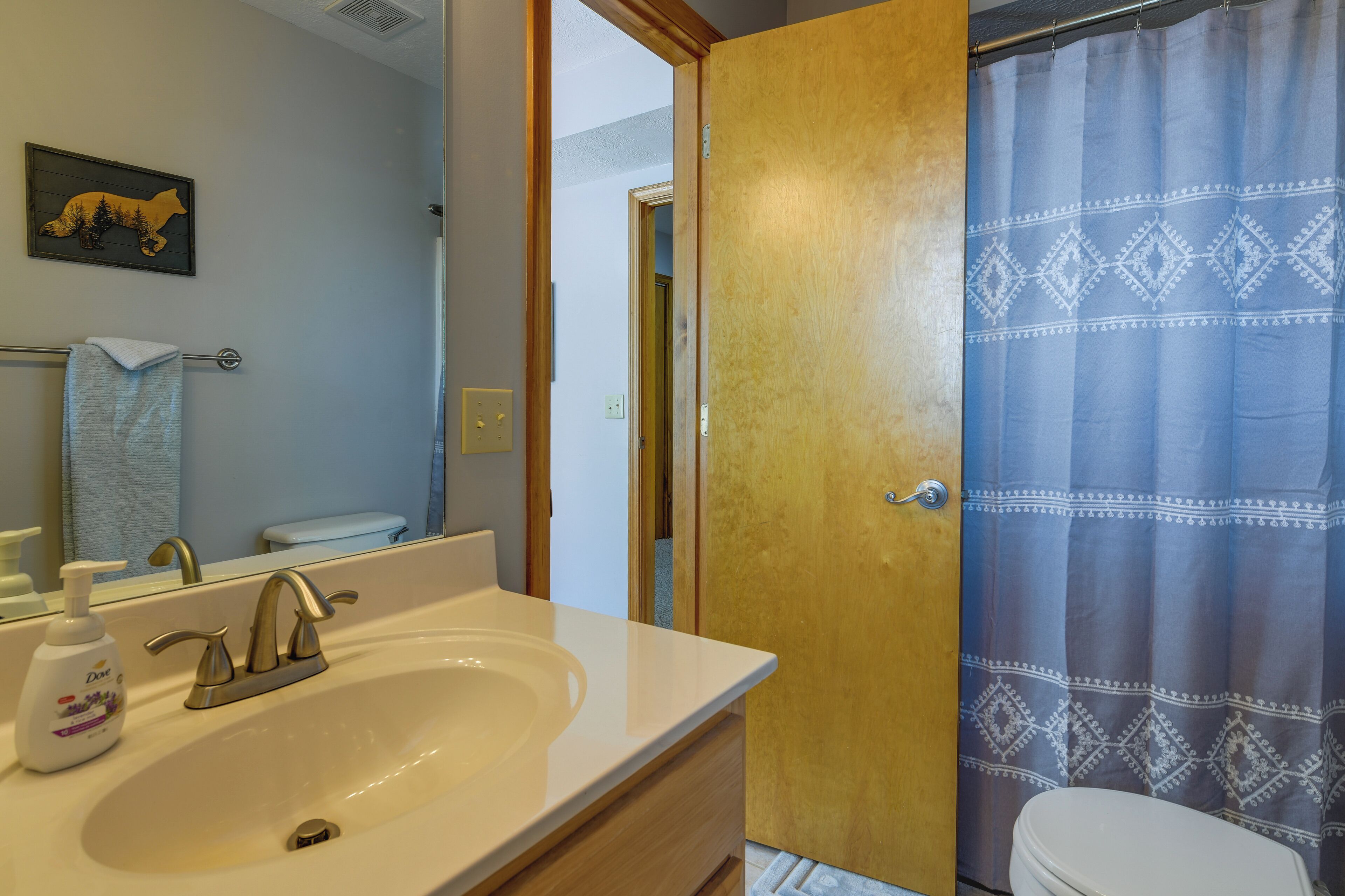 A bathroom with a white sink, a mirror, a wooden door, and a shower curtain.