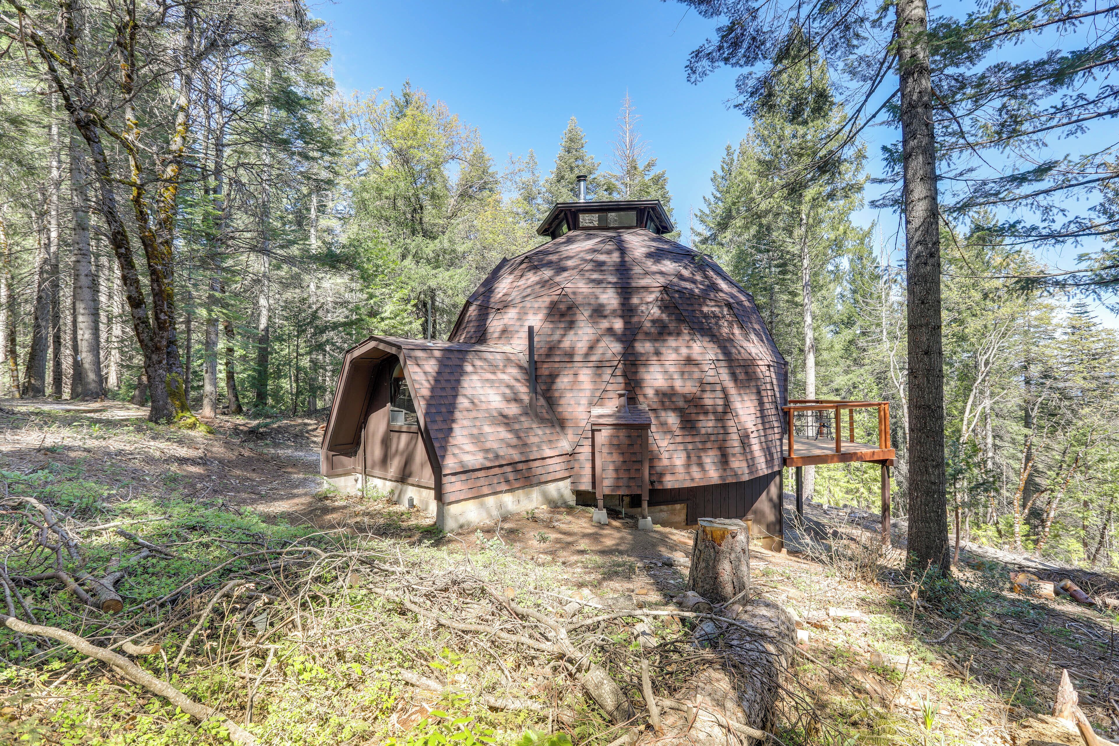 A dome-shaped cabin in a forest with a wooden deck and a small attached structure.