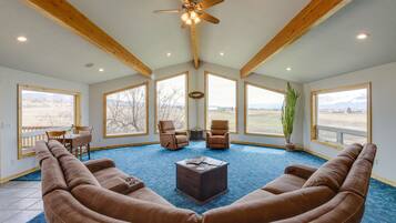 TV, fireplace, books