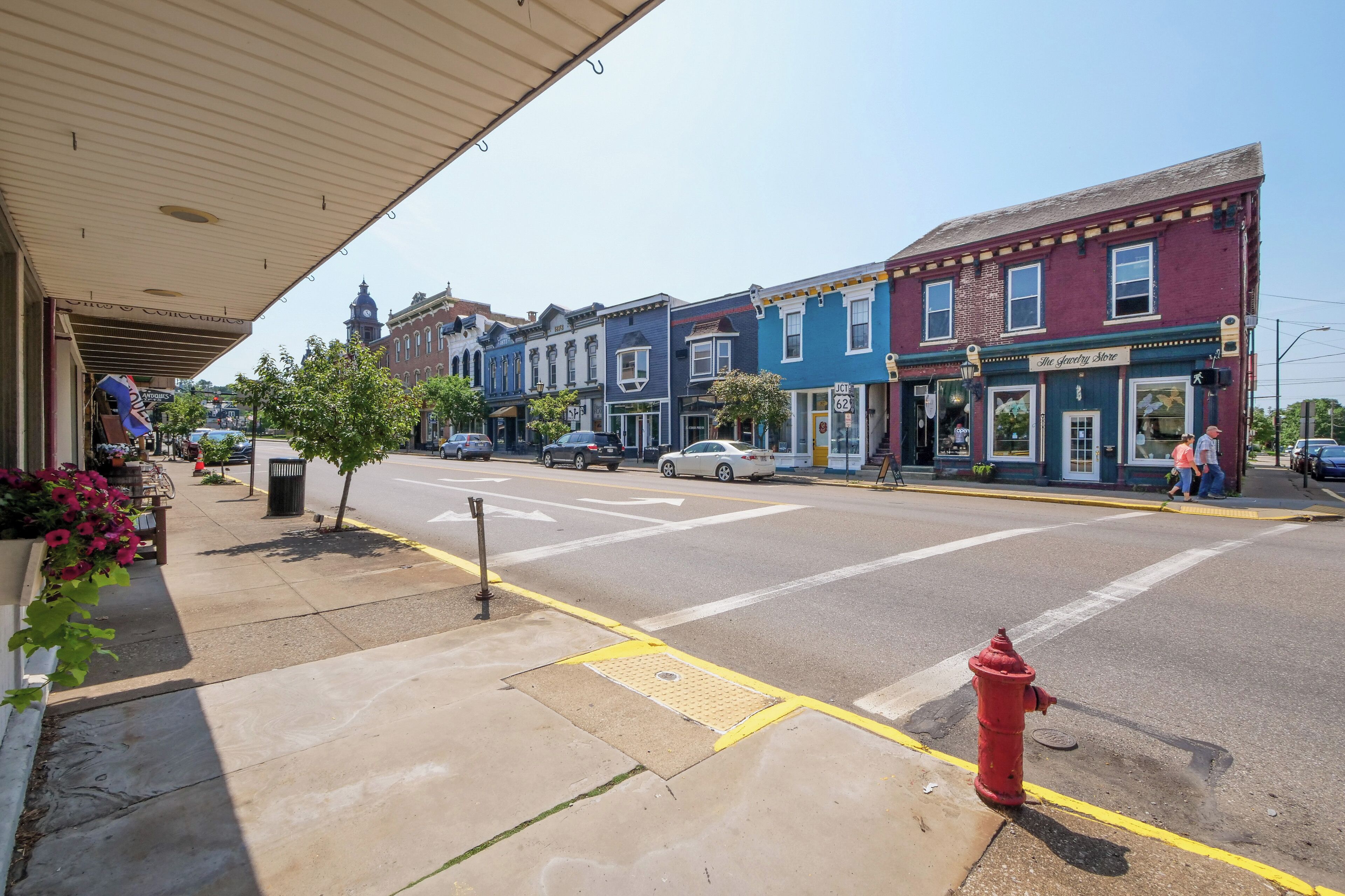 A street with colorful buildings, a fire hydrant, and a sidewalk with flowers.