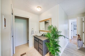 Une salle de bain avec un lavabo blanc, un miroir et une plante en pot.