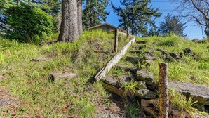 A wooden staircase leading to a building surrounded by trees and grass. - On-site Creek & Fishing: Cozy Coos Bay Retreat! (Coos Bay)
