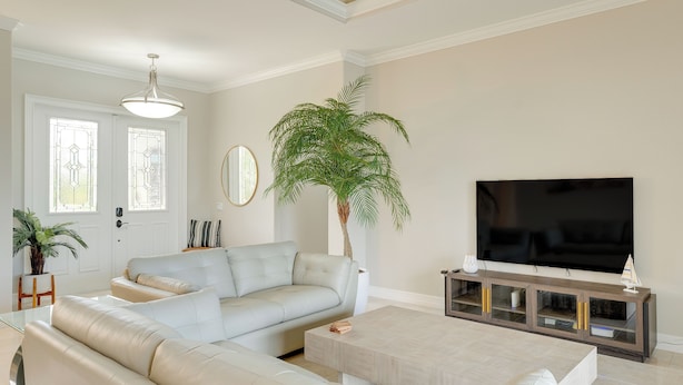 Un salon moderne avec un canapé d’angle, une table basse, un téléviseur posé sur un meuble en bois et une grande plante en pot.