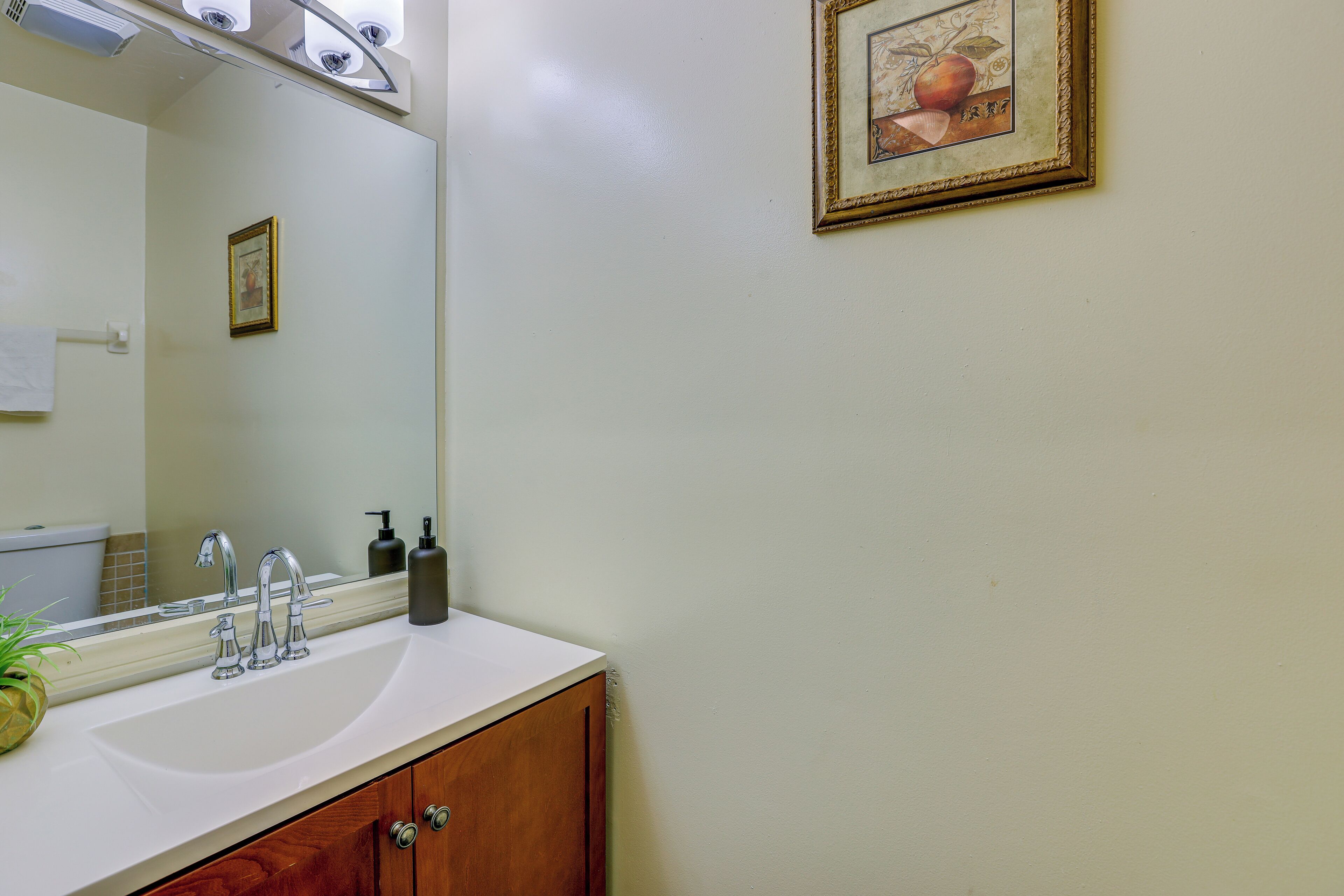 A bathroom with a white sink, two faucets, a mirror, a framed picture on the wall, and a wooden cabinet.