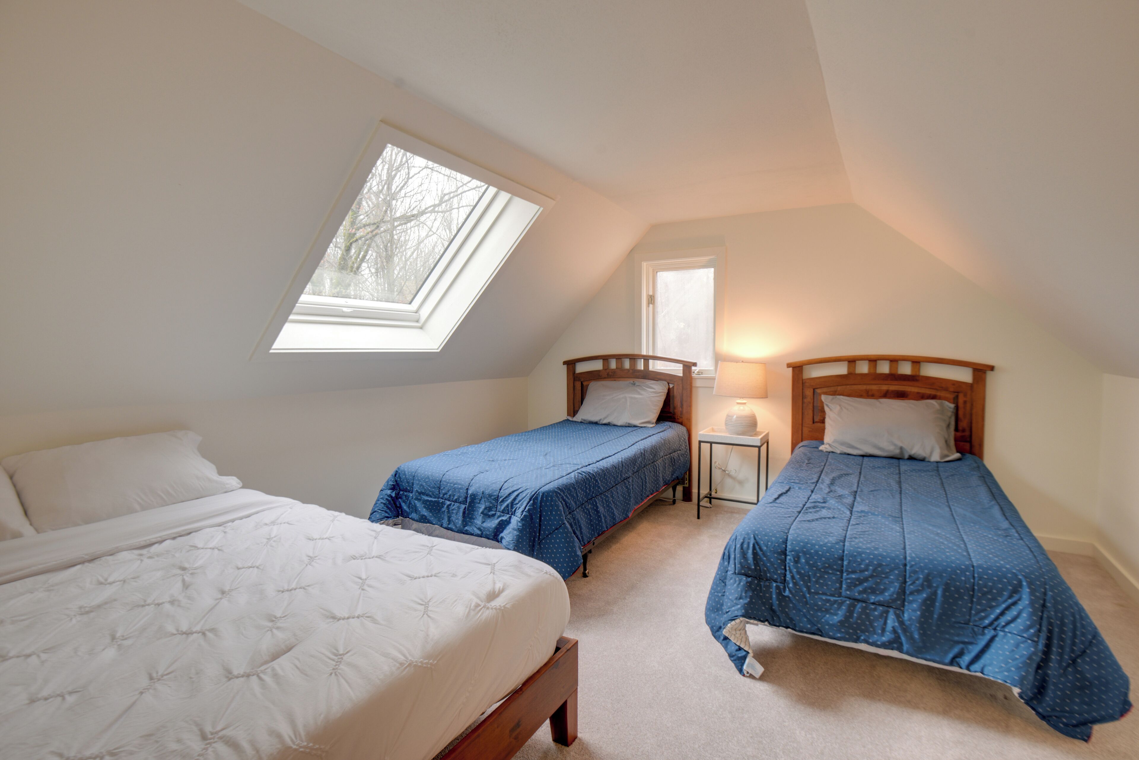 A bedroom with two single beds, a skylight, a bedside table with a lamp, and a door.