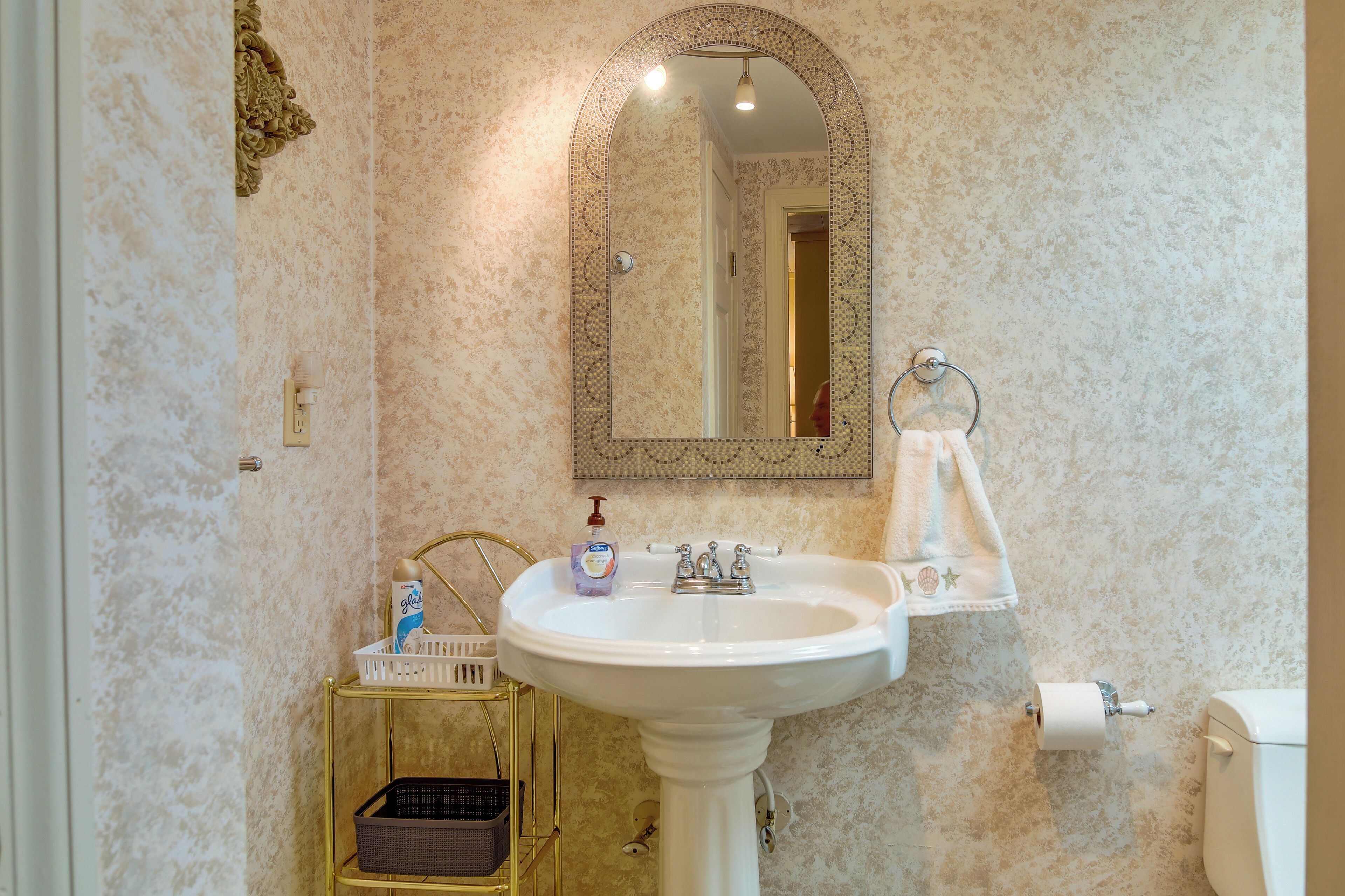 A bathroom with a white sink, a mirror with a decorative frame, a toilet paper holder, and a small shelf with toiletries.