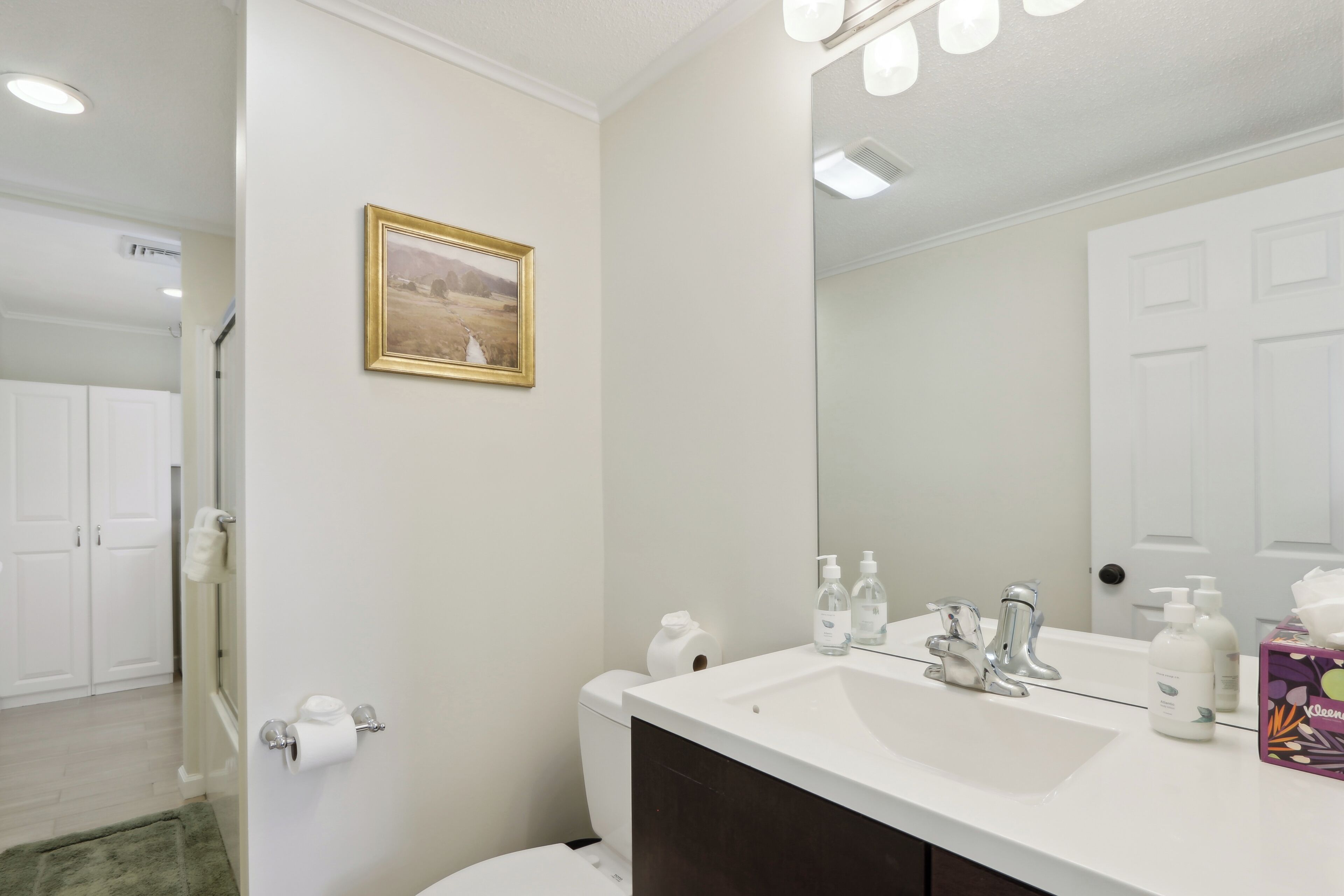 A bathroom with a white sink, a mirror, and a toilet. There is a framed picture on the wall and a shower visible in the background.