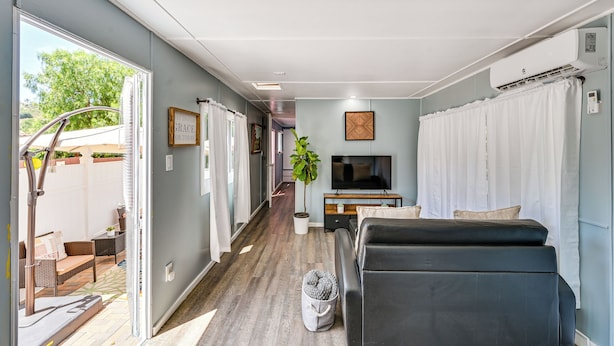 En kompakt opholdsstue med sofa, fjernsyn og en potteplante.