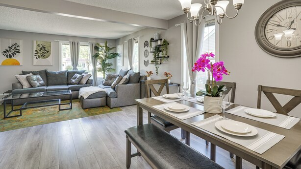 Ein modernes Wohnzimmer mit einer Sofagarnitur, einem Esstisch und einer Deckenleuchte.