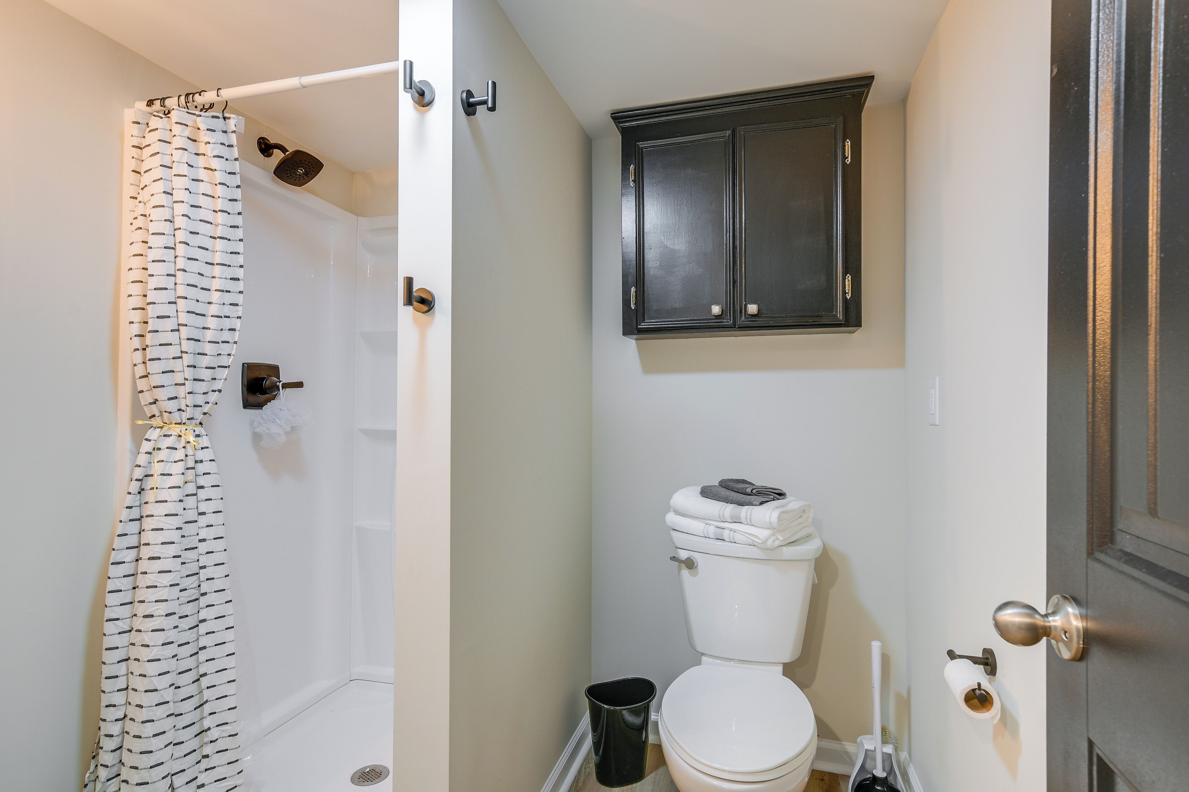 A bathroom with a shower curtain, toilet, cabinet, and a door.
