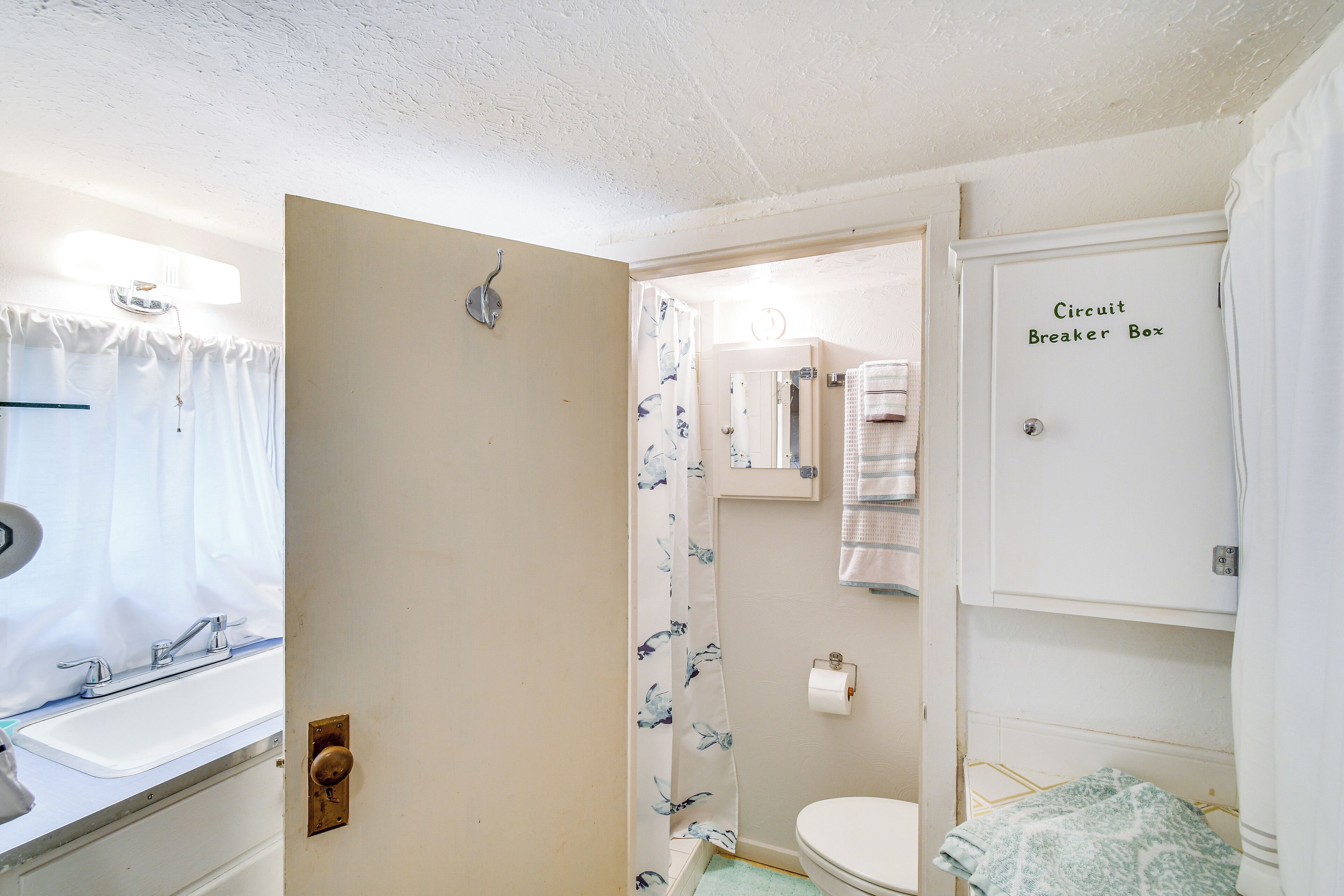 Een badkamer met toilet, wastafel en douche. Er zit een elektriciteitsaansluitkast op de muur.