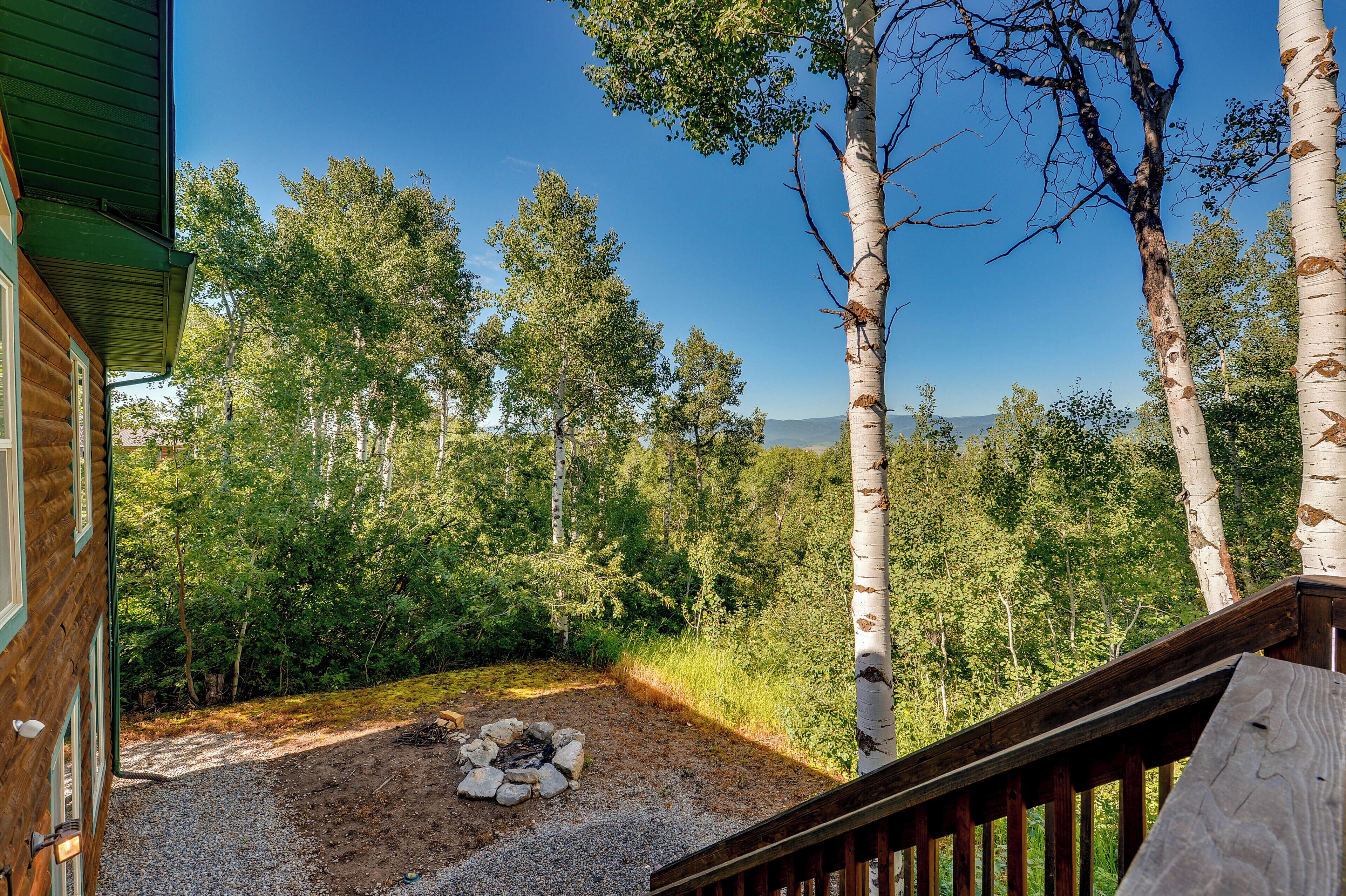 A wooden cabin with a gravel path leading to a fire pit, surrounded by dense forest and birch trees.