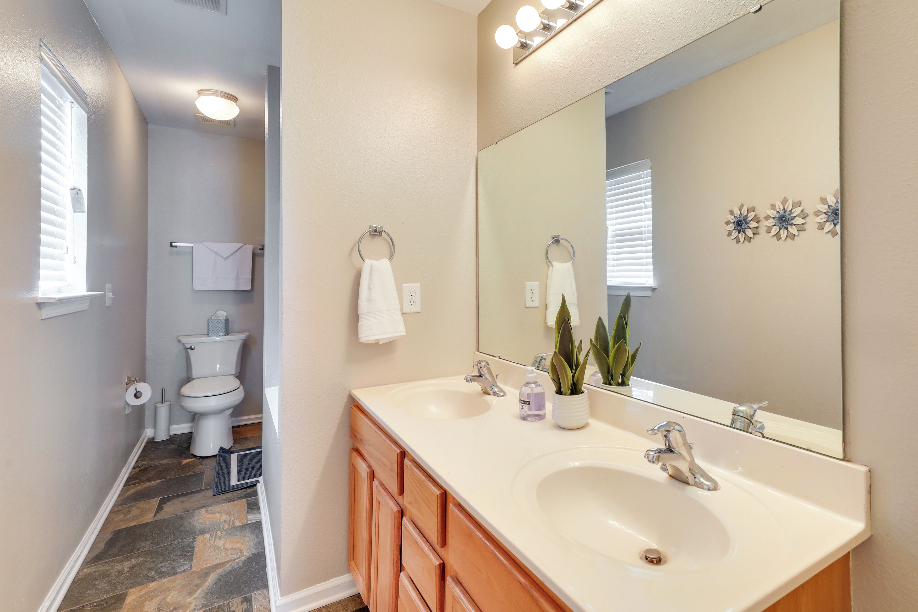 Une salle de bain avec un lavabo blanc, deux robinets, un miroir, un porte-serviettes, des toilettes et une plante en pot.