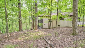 A cabin surrounded by tall trees in a forest.