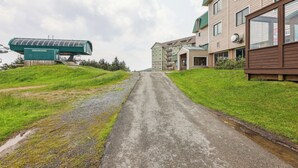 Zona residencial com uma rua que leva a um edifício com telhado verde e uma placa com a inscrição 'SOMERING EAGLE EXPRESS'.