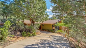 A lodge with a paved driveway leading to a wooden cabin, surrounded by dense pine trees and a clear sky.