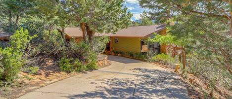 A lodge with a paved driveway leading to a wooden cabin, surrounded by dense pine trees and a clear sky.