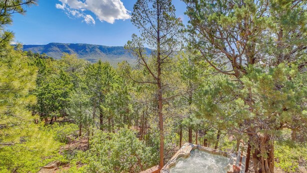 A hot tub in a forested area with a mountain view.