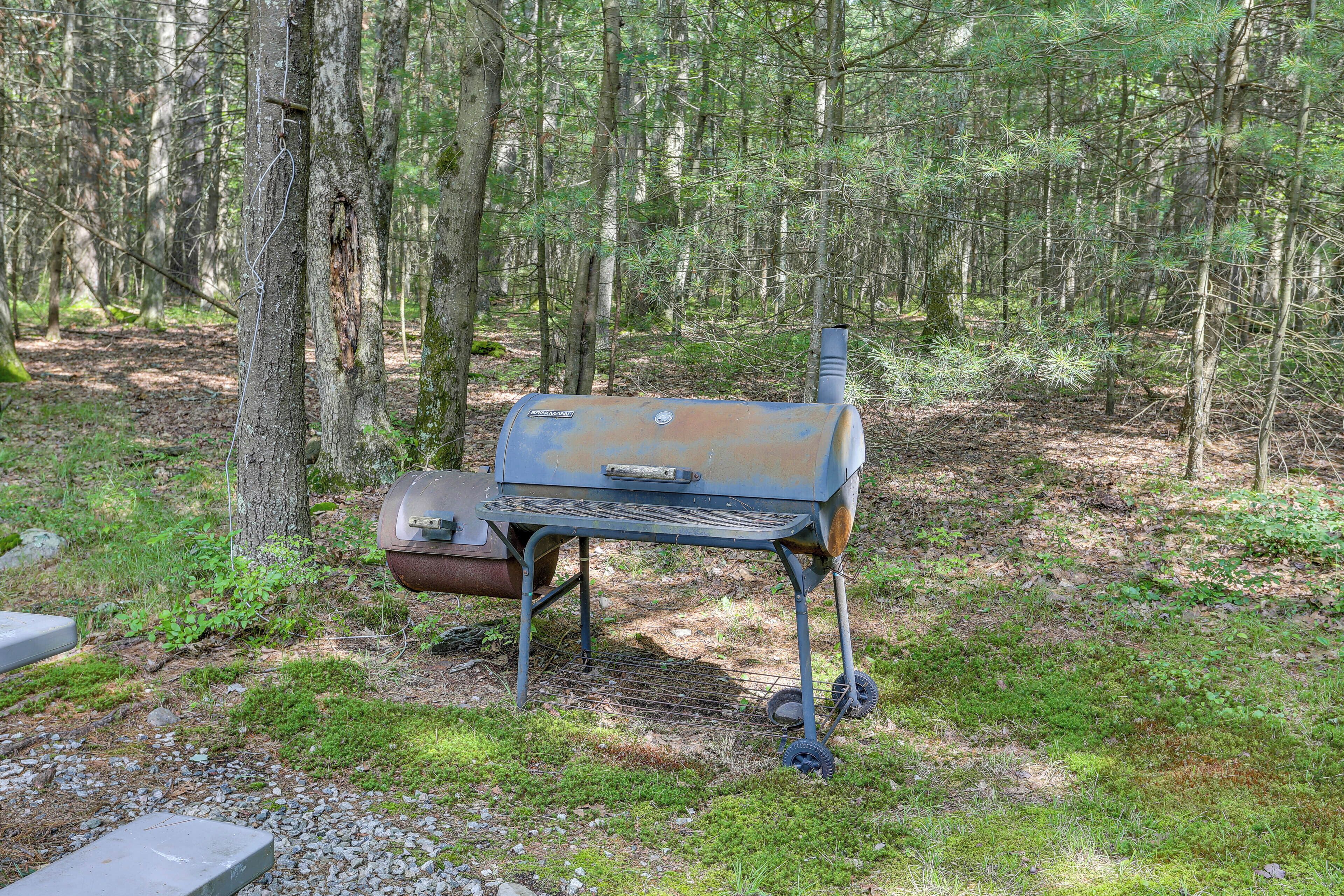 A portable grill in a forested area with a metal stand and wheels.