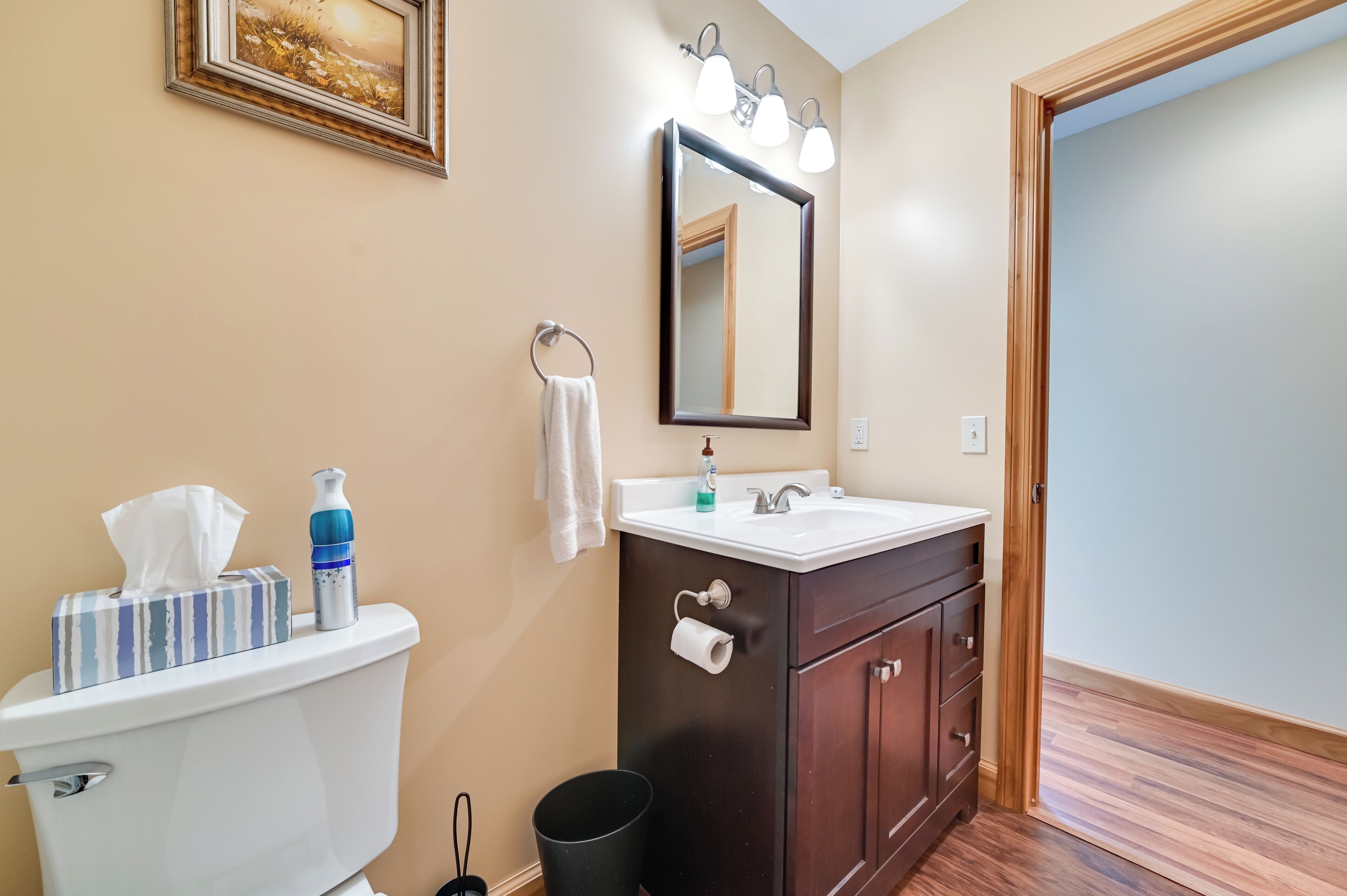A bathroom with a toilet, sink, mirror, and wooden floor.
