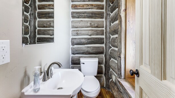 Une salle de bain avec un lavabo blanc, des toilettes et un mur fait de rondins de bois.