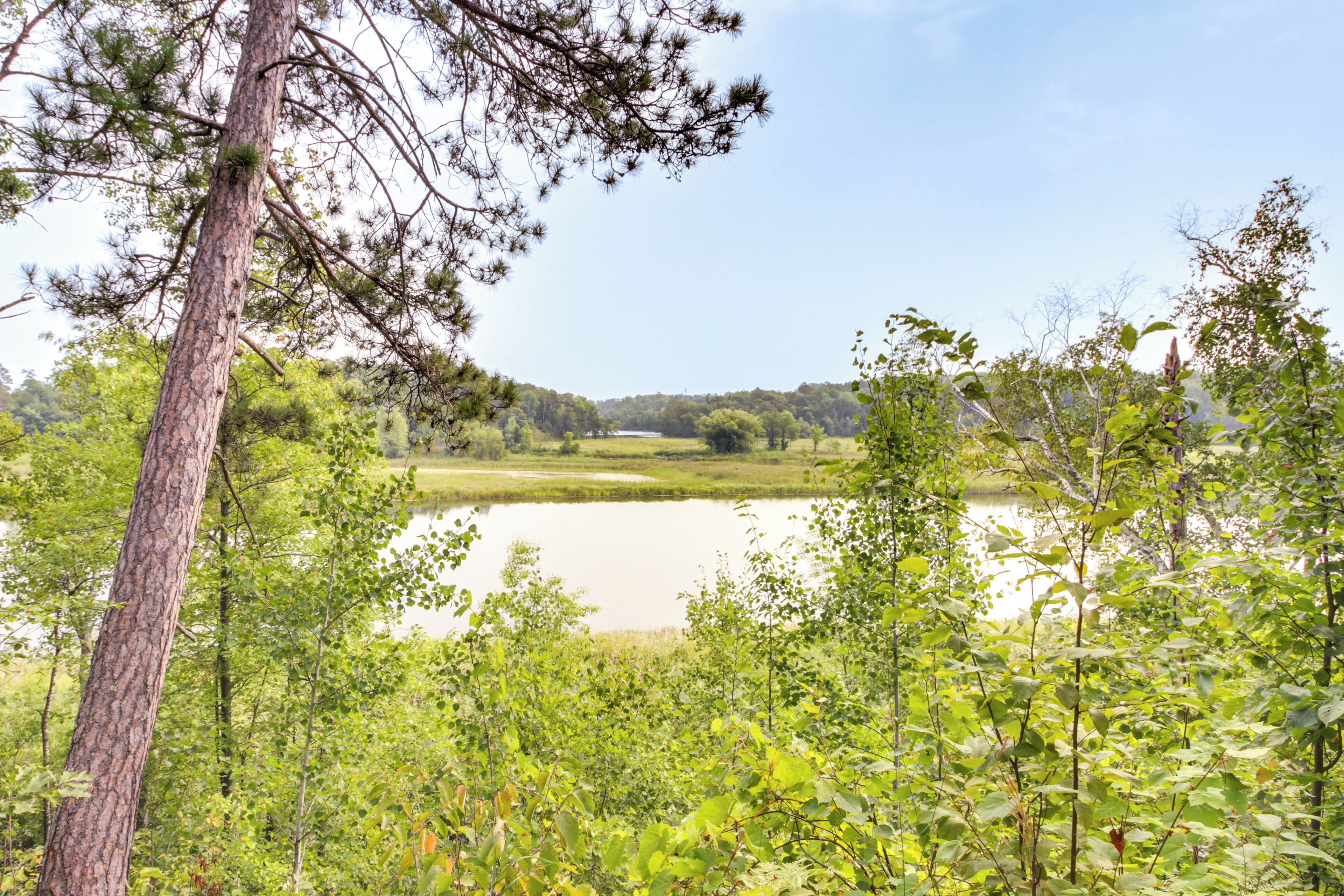 A natural landscape with a lake, dense greenery, and a clear sky.