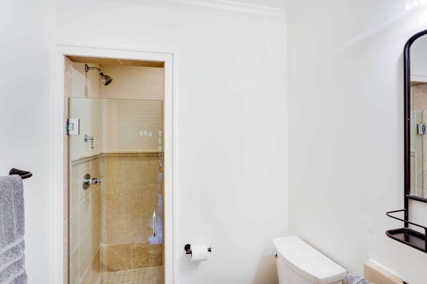 A bathroom with a glass shower enclosure, a toilet, and a mirror.