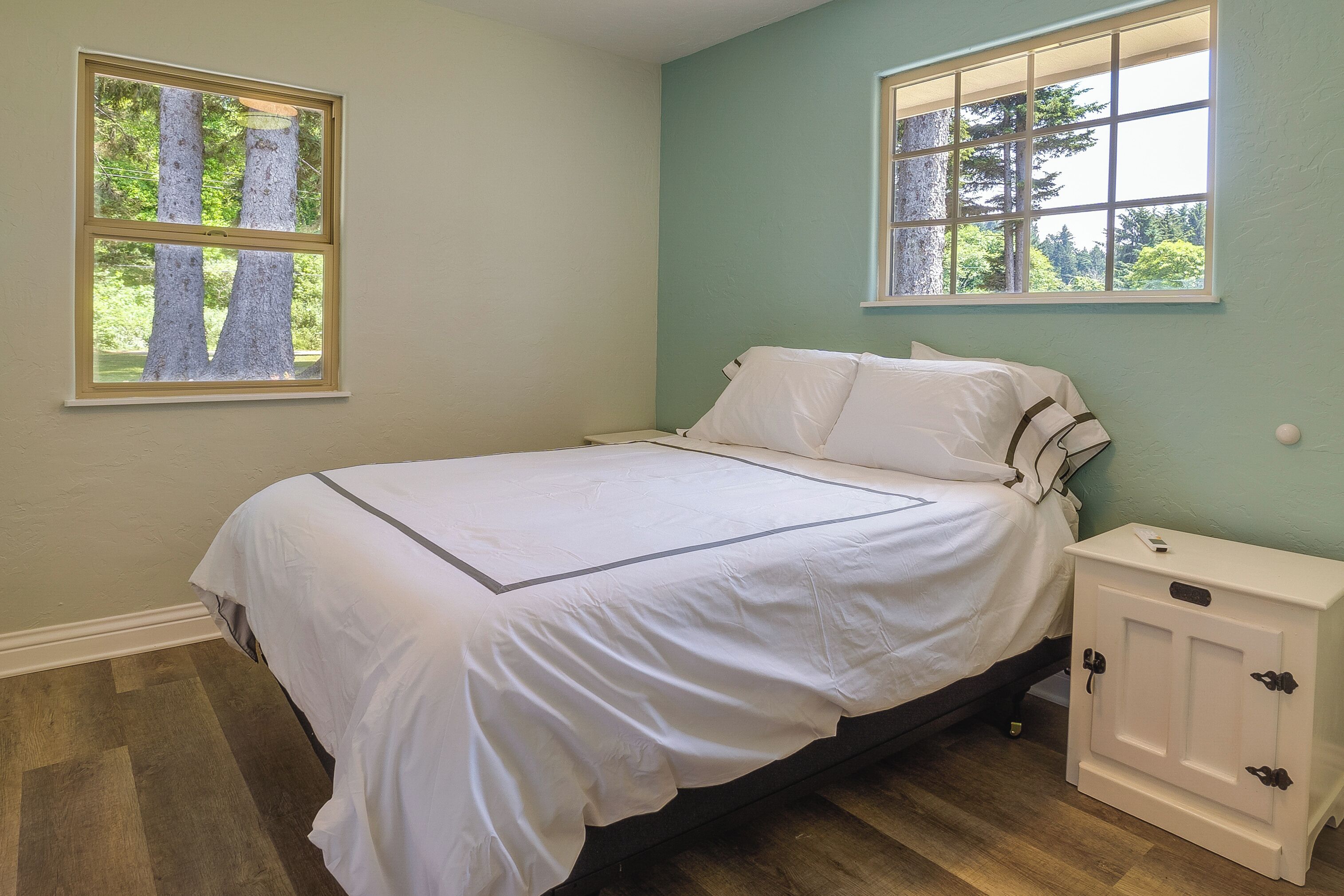 A bedroom with a bed, two windows, a nightstand, and a cabinet.