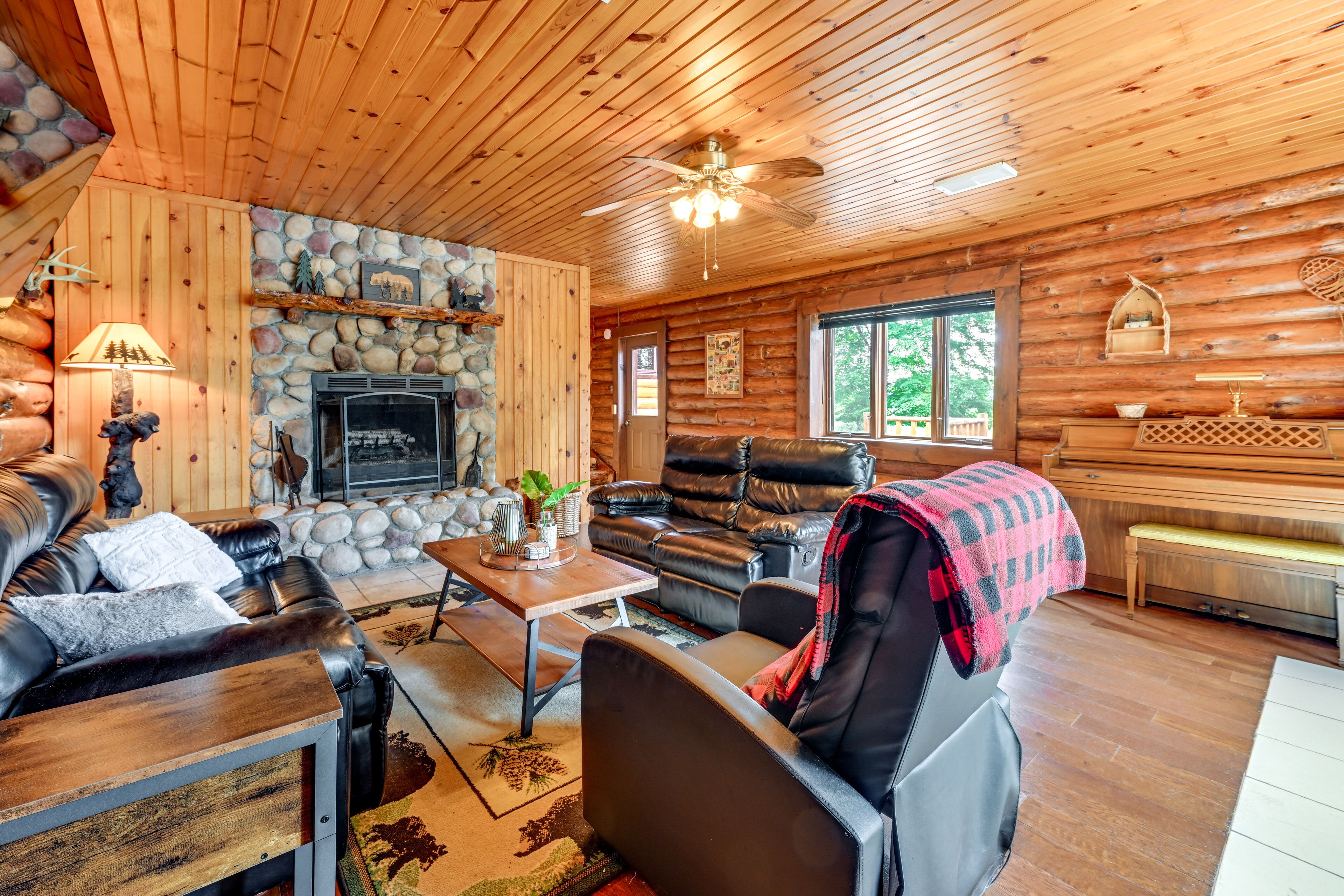 TV, fireplace, books