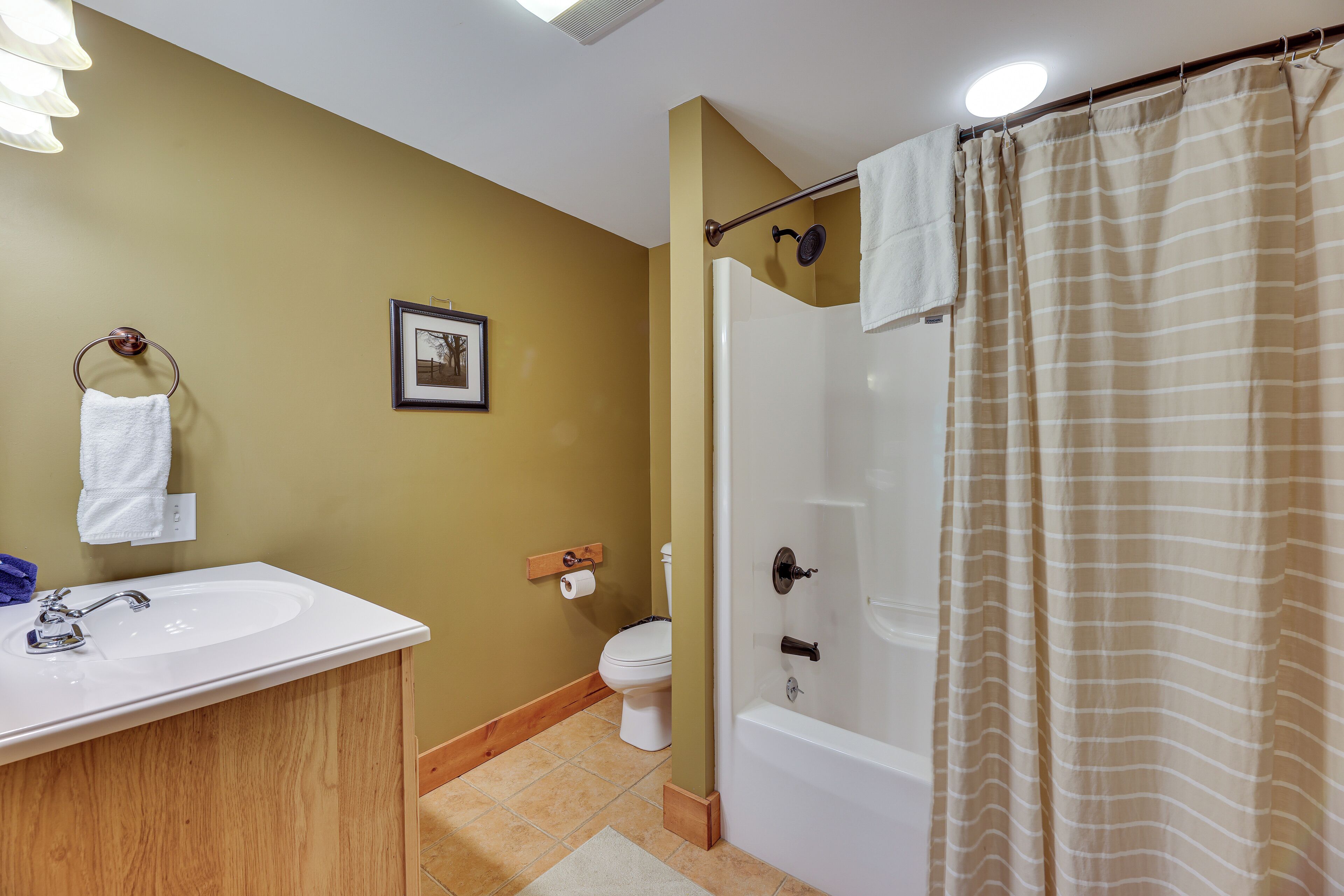 A bathroom with a sink, toilet, and shower.