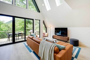 TV, fireplace, books - Modern A-frame North Carolina Cabin w/ Hot Tub (Vilas)